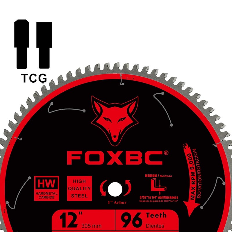 FOXBC 12 Inch Saw Blade 96-Tooth TCG for Aluminum Non-Ferrous Metal & Plastic Cutting with 1-Inch Arbor - Image 3